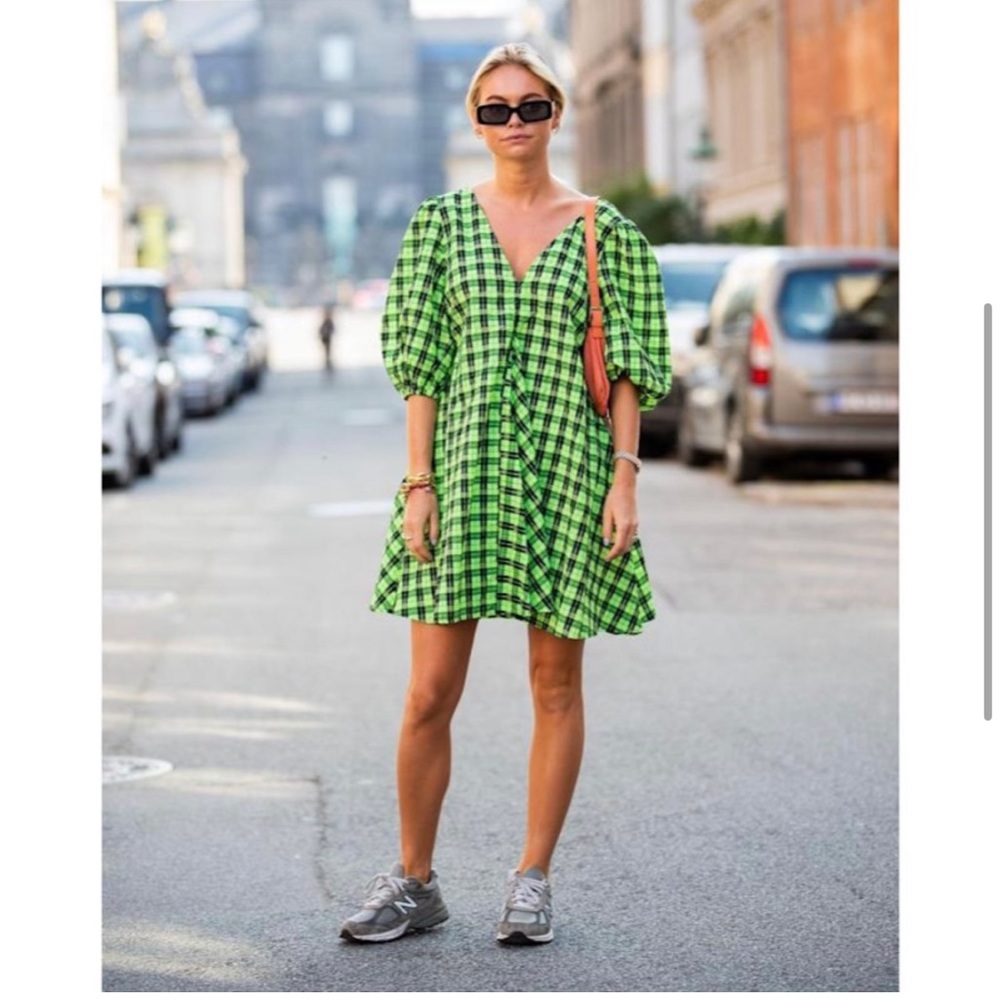 Ganni neon green check babydoll dress EU 42